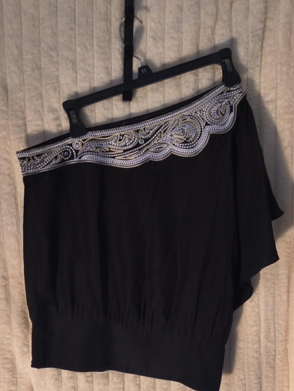 White House Black Market Silk  One-Shoulder Skirt with Silver Beaded Waistband